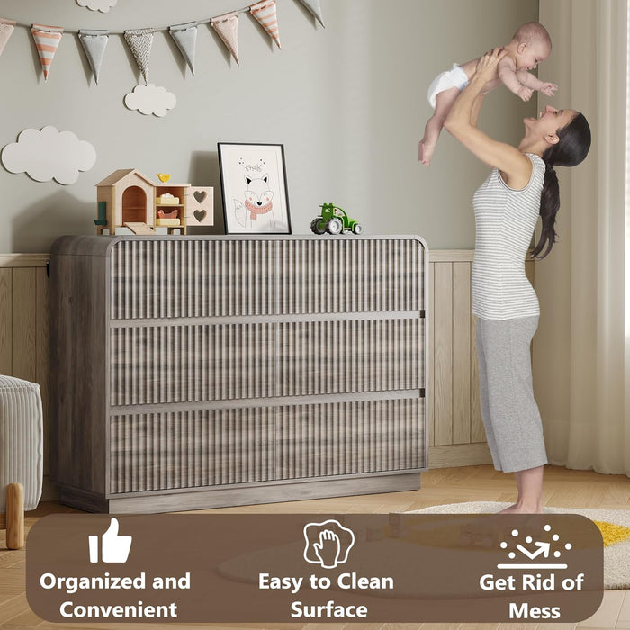 Dresser for Bedroom with 6 Drawers, Fluted Chest of Drawers with round Curved Corner, Hidden Handles, Modern Wood Storage Organizer for Bedroom, Nursery, Living Room