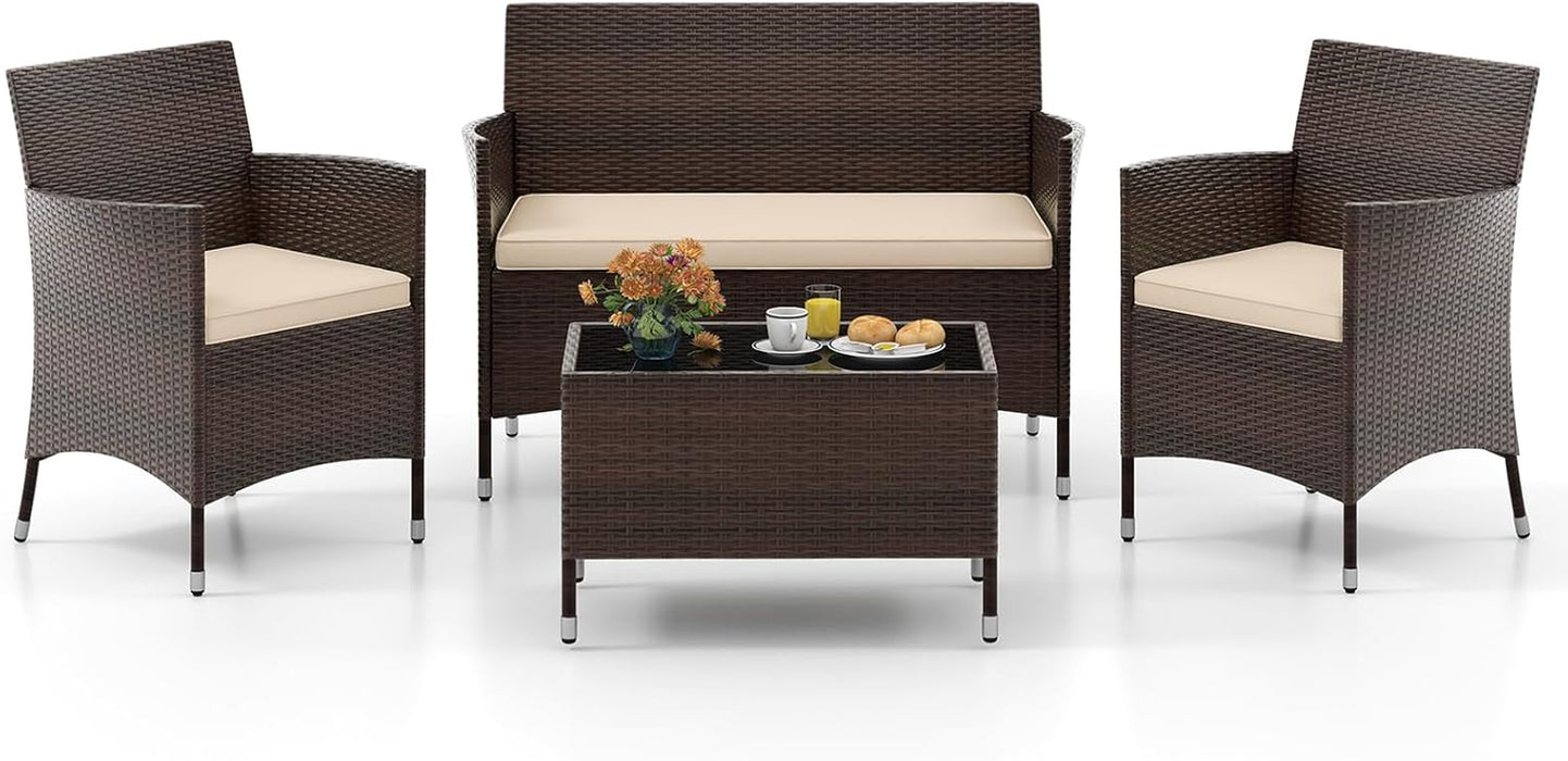 4-PCS Patio Rattan Conversation Set, Outdoor Wicker Furniture Set with Tempered Glass Coffee Table &Thick Cushion, Rattan Chair Wicker Set for Garden, Lawn, Poolside and Backyard (1, Brown)