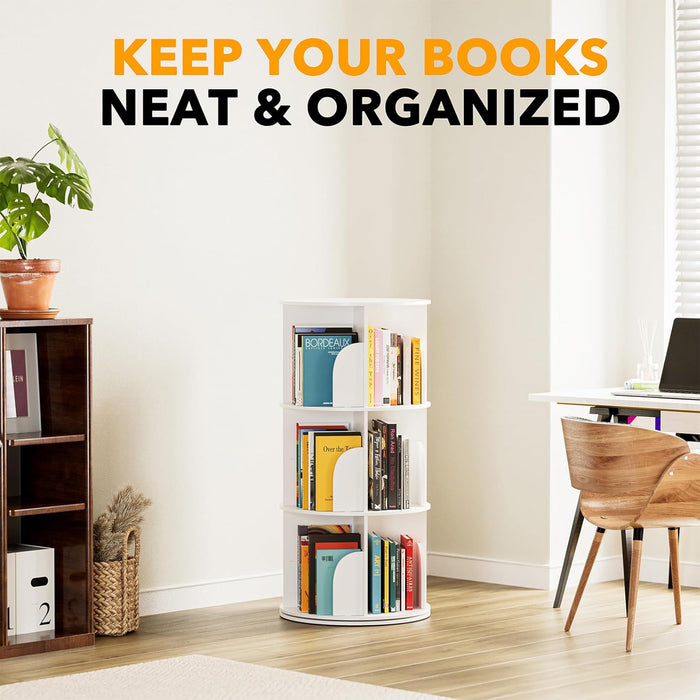 Three Tier Rotating Bookshelf Tower White 37.8Inches
