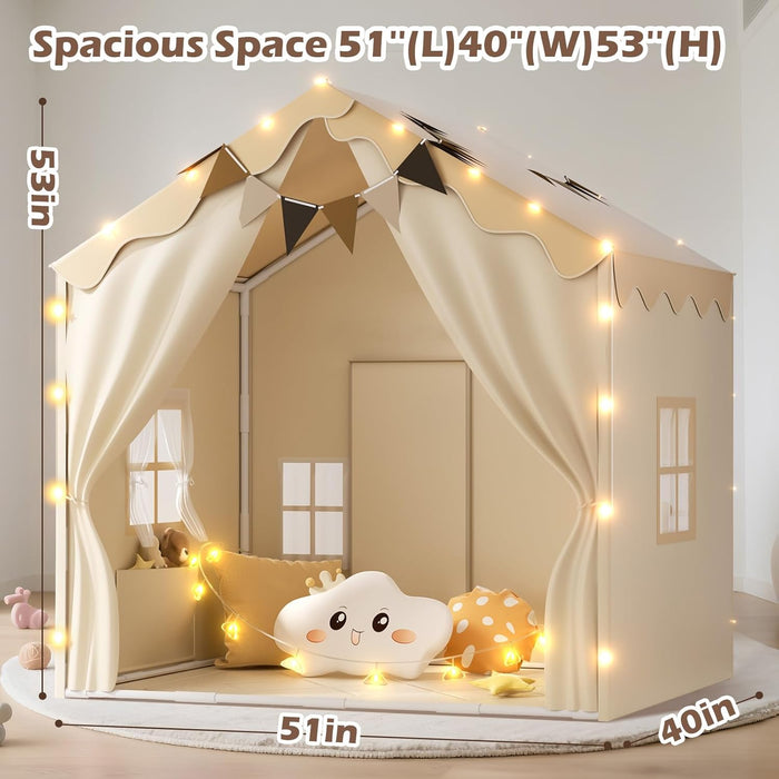 2-In-1 Kids Tent,Large Play Tent with Padded Mat and Lights,Kids Playhouse with 2 Doors & 4 Windows,2 Large Side Pockets,Indoor Outdoor Kid Play Tent for Toddlers,53" X40" X 51"