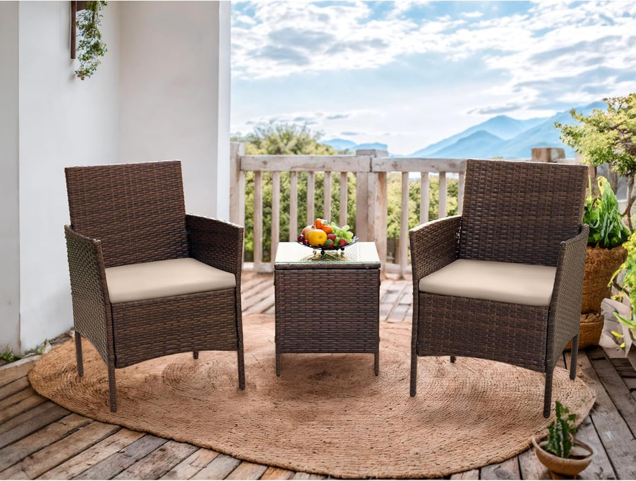 Patio Furniture Set 3 Pieces All-Weather Rattan Outdoor Furniture Patio Chairs with Tempered Glass Table for Porch Bistro Balcony (Brown/Cream)