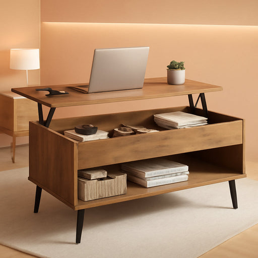 Lift Top Coffee Table, Lift Tabletop Dining Table, Gas Spring, Hidden Compartment, Open Storage Shelf, for Living Room, Home Office, Honey Brown ULCT268KB01S