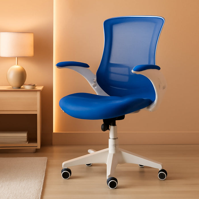 Kelista Office Chair, Ergonomic, Mid-Back, White Frame, Blue Mesh with Swivel