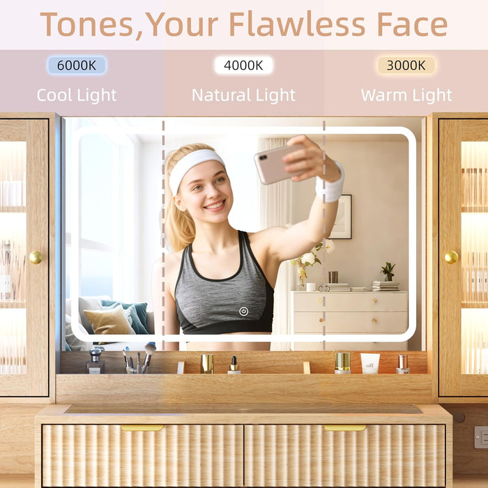 55" Vanity Desk with Mirror & Lights, Fluted Makeup Vanity with 8 Drawers & 4 Cabinets, Tempered Glass Top, RGB Cabinet Lighting, 3-Color Dimmable Mirror, and Charging Station