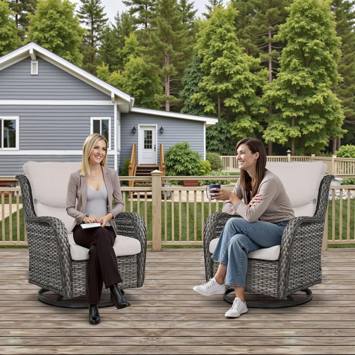 Outdoor Swivel Rocker Patio Chairs Set of 4 with Coffee Table - 5" Thick Cushion 7 Piece Furniture Set All Weather Comfortable Wicker Conversation Set for Porch Deck - Gray/Beige