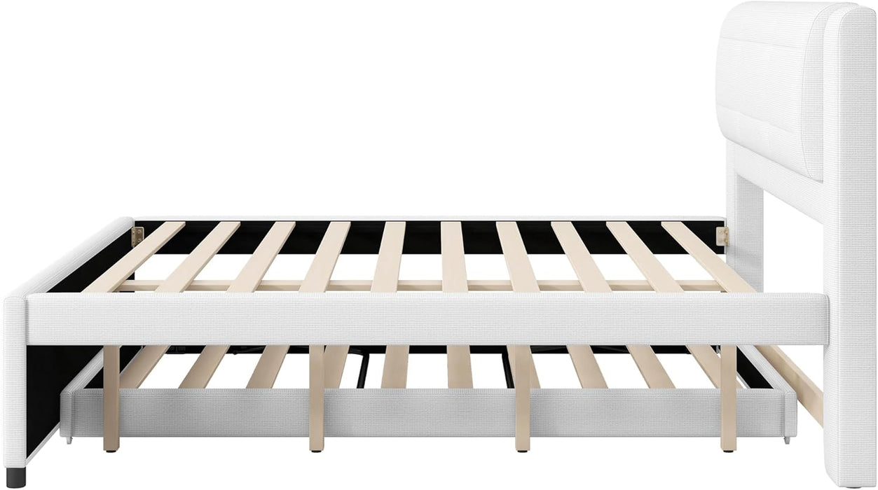 Full Size Upholstery Platform Bed with Trundle,Trundle Can Be Flat or Erected, Modern Bed Frame with Linen Headboard for Kids, Adults, No Box Spring Needed, Beige