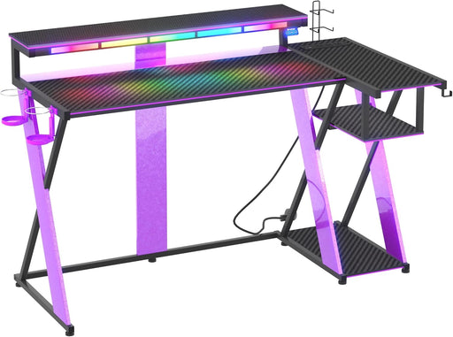 Computer Desk with Music Sync Light, Flow Vibe Corner Desk with Monitor Stand and PS5 Storage Shelves, Cup Holders, and Headset Hooks for Bedroom Small Space (Black Purple, 57 Inch)