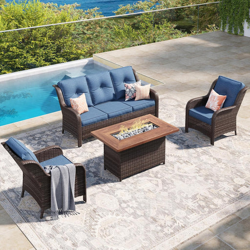 4 Pieces Outdoor Patio Furniture Set with Fire Pit Table, Wicker Chairs Set with Washable Cushions and Patio Couch Sofa, PE Rattan Conversation Set for Garden Porch Balcony, Blue