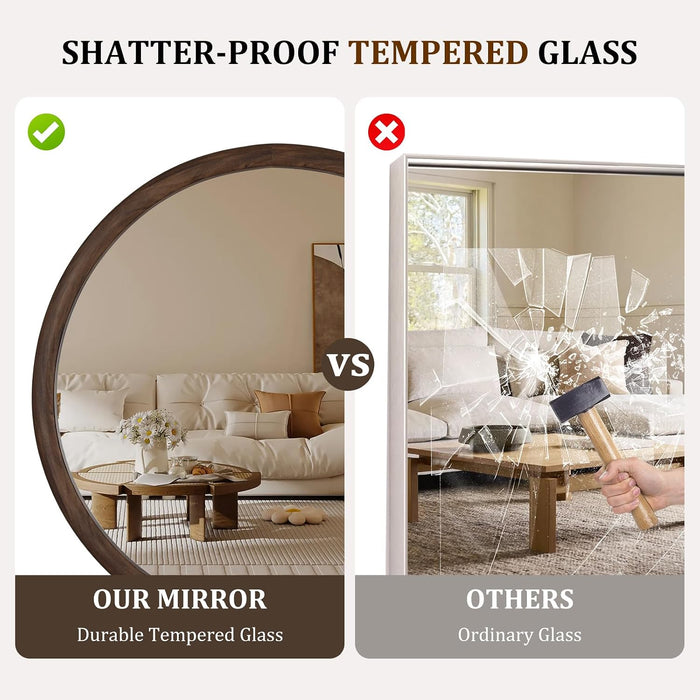 24 Inch round Mirror, Walnut Wood-Grain Foil Finish Circle Mirror for Bathroom, Entryway, Living Room, Bedroom and Vanity Decor
