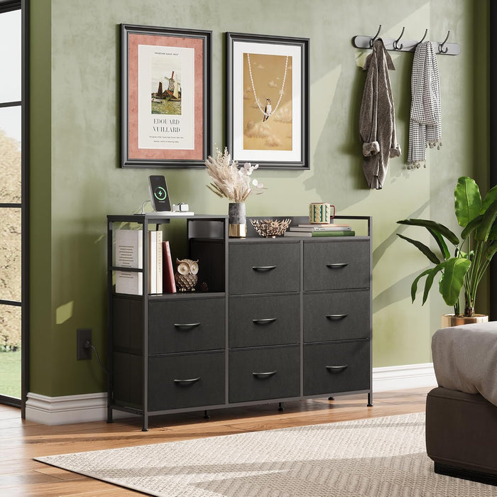 Black Dresser TV Stand for Bedroom with Charging Station and Open Shelves, Fabric Dresser with 8 Drawers and Wood Top, Wide Storage Chest of Drawers for Living Room, Hallway