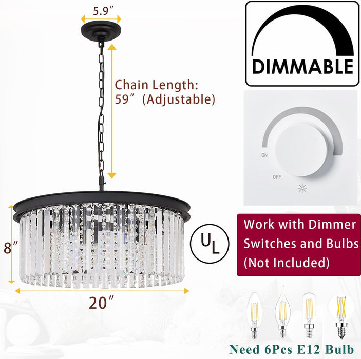 Modern Black Crystal Chandelier, 20" Small Pendant Lighting Fixture | Contemporary Ceiling Lights Fixtures Mini Chandelier 8 Lights for Dining Room Living Room Kitchen Hallway