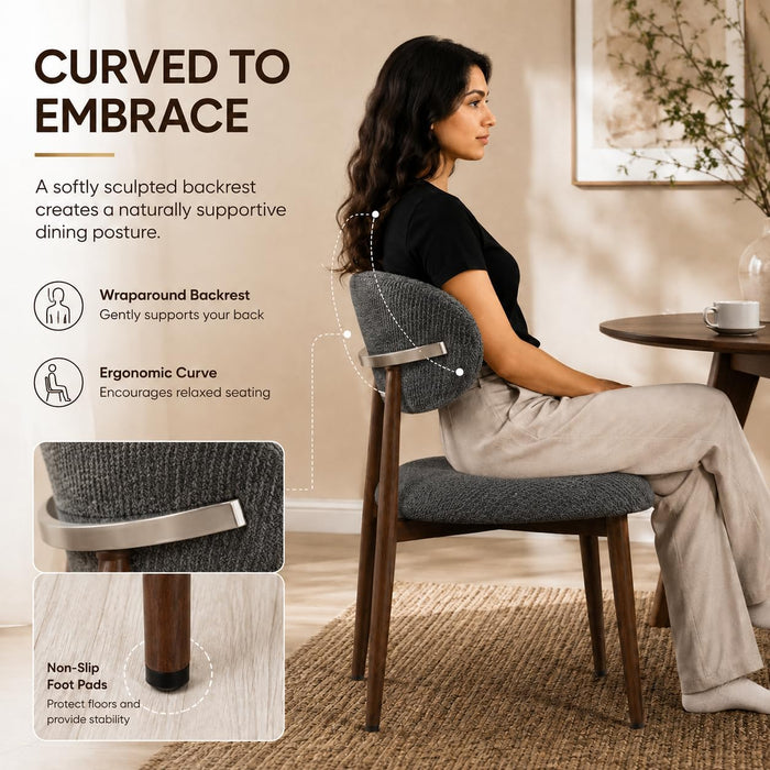 Dining Chairs Set of 4, Modern Bouclé Fabric Upholstered Kitchen & Dining Room Chairs with Ergonomic Back, Walnut Wood-Grain Metal Legs, Dark Gray