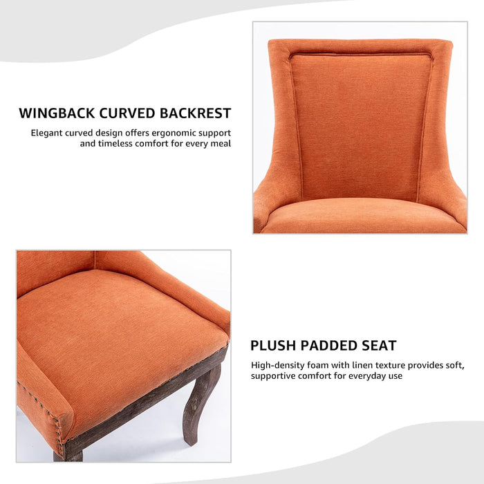 Modern Dining Chairs Set of 2, Fabric Upholstered High Back Chairs with Nailhead Trim and Curved Solid Wood Legs, Sillas De Comedor Accent Chairs for Dining Room, Orange