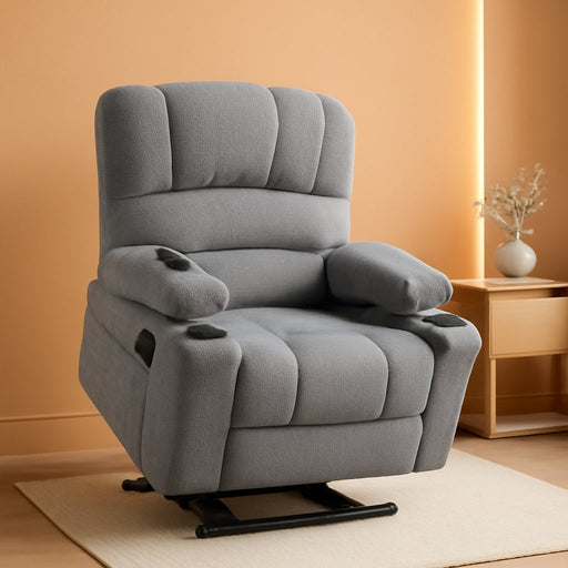 Power Lift Recliner Chair Sofa with Massage and Heat for Elderly People, Cup Holders, USB Ports, Side Pockets, Fabric 7095 (Medium-Regular, Grey)