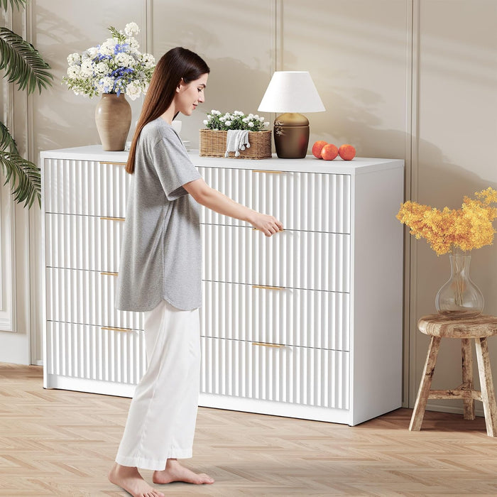Modern Fluted 8-Drawer Dresser, Large Capacity Chest of Drawers, with Metal Handles & Anti-Tip, Wooden Storage Organizer for Bedroom, Living Room, Hallway, White