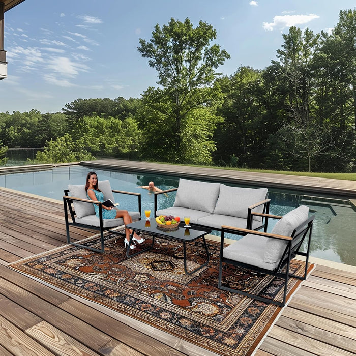 4Pc Metal Patio Conversation Set,Coffee Table,Washable Cushions