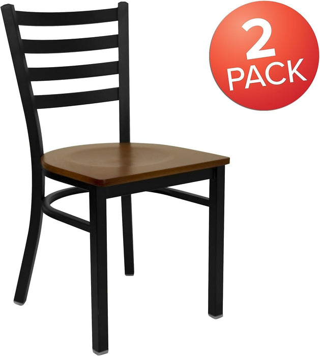 2 Pack HERCULES Series Black Ladder Back Metal Restaurant Chair - Cherry Wood Seat