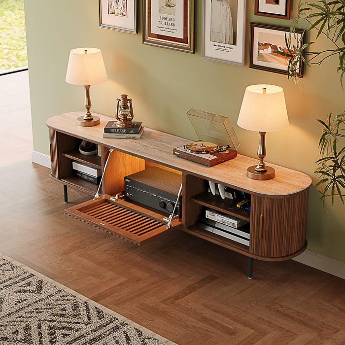 Fully-Assembled Mid Century Modern Black TV Stand with White Matte Travertine Stone Tabletop & LED Lights, Rolling Door Media Console, Wood TV Console for Living Room