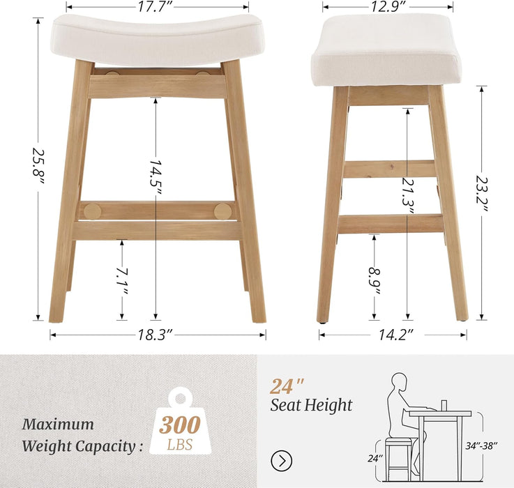 Bar Stools Set of 3, Barstools with Sturdy Wood Legs, Saddle Seat Counter Height Bar Stools for Kitchen Counter, Bar, Dining, 24 Inch Farmhouse Counter Stools, Beige