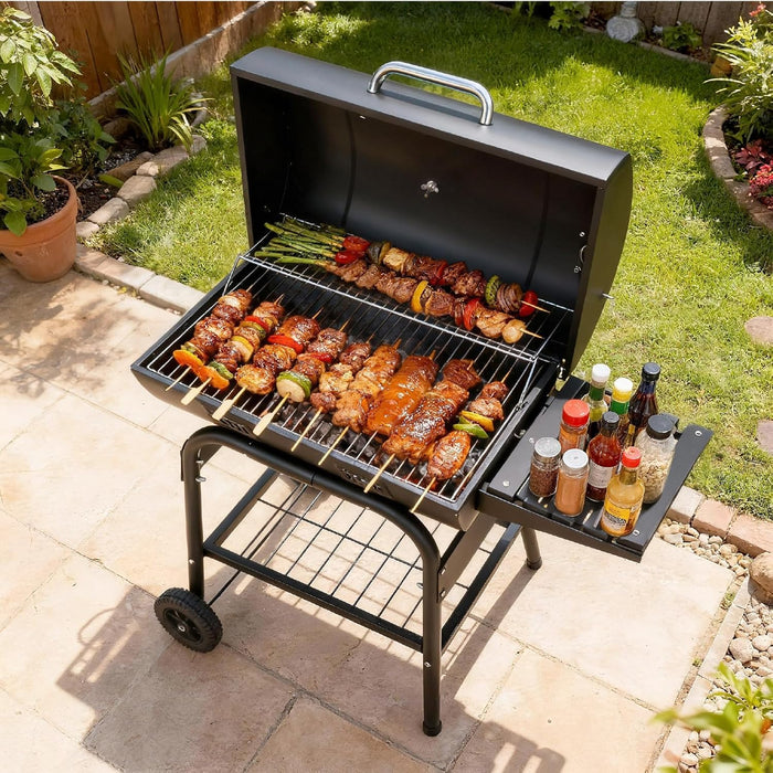 Upgraded Barrel Charcoal Grill with 2 Sides Table, BBQ Grill Outdoor Smoker with Wheels for Party Garden Patio and Backyard Cooking 39''D × 24''W × 46''H (Upgraded Grill W/Side Table)