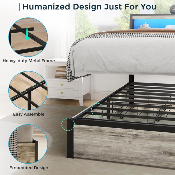 Full Size Bed Frame with Storage Headboard, Metal Platform Full Bed Frame Wood with 4 Drawers, LED Light, Charging Station, No Box Spring Needed, Noise Free, Easy Assembly, Grey