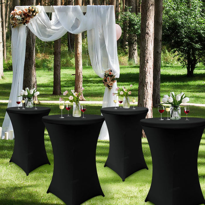 2 Sets 32In High Top round Folding Cocktail Table Indoor Outdoor Parties Bbqs Weddings Events White Bar Height Tables with 32"X43" Spandex Stretch Black Table Covers