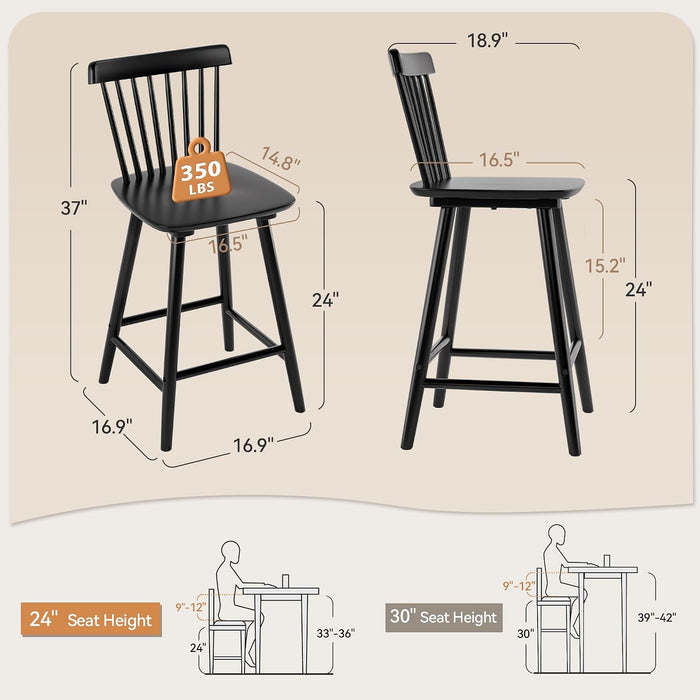 Upgraded Windsor Wooden Black Bar Stools Set of 4, 24 Inch Counter Height Barstools with Spindle Back/Bigger Seat for Kitchen Island