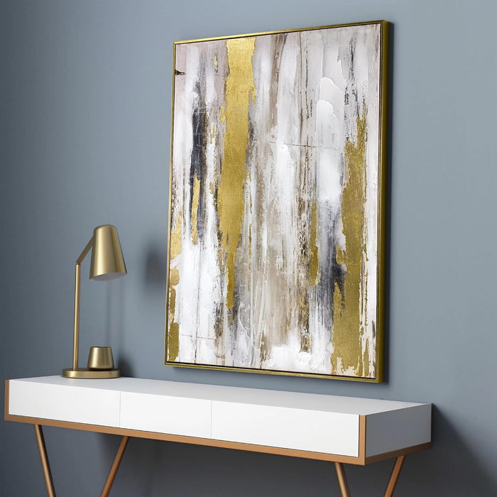 Abstract Wall Art with Gold Foil - 24 X 32 Inches Gold and Gray Canvas Print with Texture for Modern Style Decor，Framed, Ready to Hang