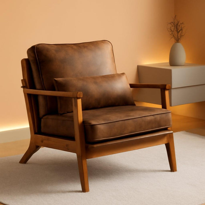 Accent Chair Wide Armrest Mid-Century Lounge Chair Bronzing Cloth Armchair with Lumbar Pillow & Solid Wood Frame for Living Room, Bedroom, Balcony, Brown