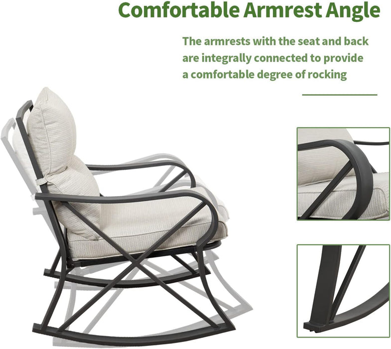 3 Piece Bistro Set Patio Rocking Chairs Outdoor Furniture W Beige Cushions, Glass-Top Table for Garden, Pool, Backyard