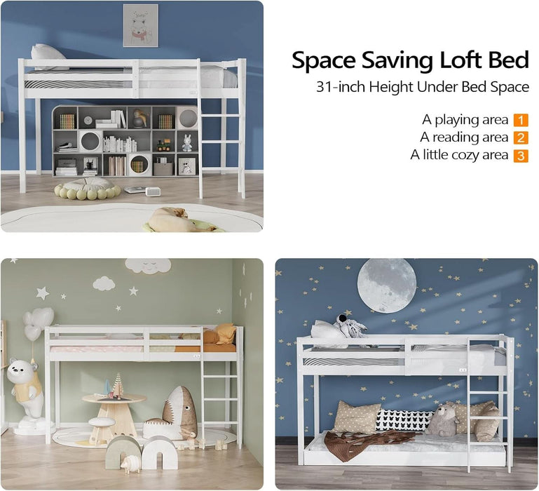 47'' Tall Junior Low Loft Bed with Stairs, White Wood Loft Bed Twin Size for Adults, Kids and Young Teens, No Box Spring Required,Wood Slat Support