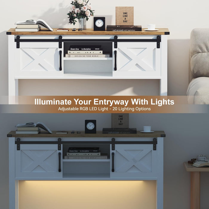 Farmhouse Entryway Table with LED Light, Sofa Table with Sliding Barn Door, Adjustable Open Shelves, 46" Rustic Console Table with Storage, Antique White Hallway for Living Room Bedroom