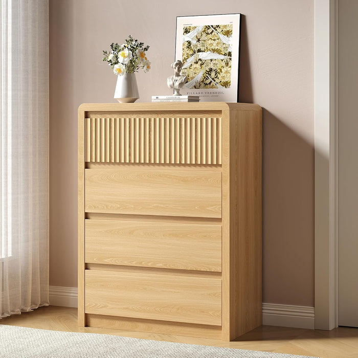 Fluted 4 Drawer Dresser for Bedroom, 40” Tall Modern Dresser & Chest of Drawers with Curved Profile Design, Wood Mid Century Dressers for Bedroom, Living Room, Oak