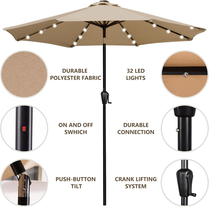9' round Patio Umbrella with 32 Solar Powered LED Lights, Push-Button Tilt and Hand Crank Lift, Solar Umbrella in Taupe for Porch, Deck, and Patio by