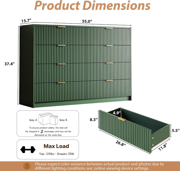 55" Wide Fluted 8-Drawer Double Dresser for Bedroom, Green