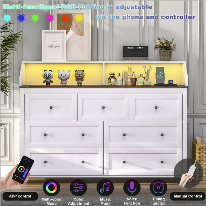 LED Dresser with Charging Station, 7 Drawer Dresser for Bedroom, Chest of Drawers with RGB Lights, Wood Dresser with Deep Drawers for Bedroom, Hallway, White Dresser