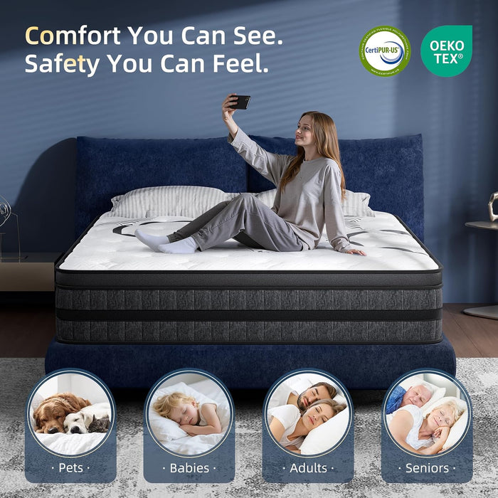 Queen Mattress 12 Inch Hybrid Queen Size Mattress in a Box Medium Firm New Version Memory Foam & Pocketed Springs Pressure Relief Certipur-Us Certified Motion Isolation 365-Night Trial