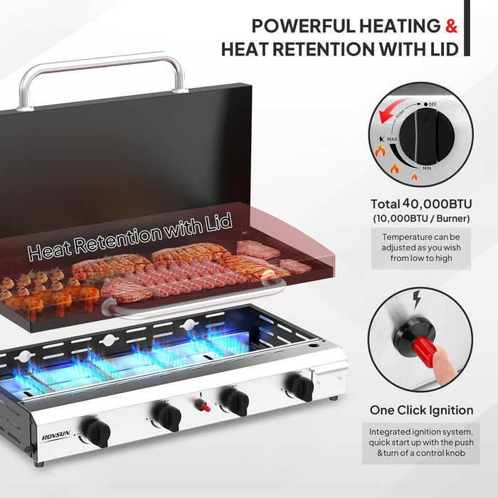 4 Burner Portable Propane Griddle with Enameled Tray & Lid, 40,000 BTU Tabletop Flat Top Gas Grill with Electronic Ignition & Regulator for Outdoor Cooking Camping BBQ Tailgating