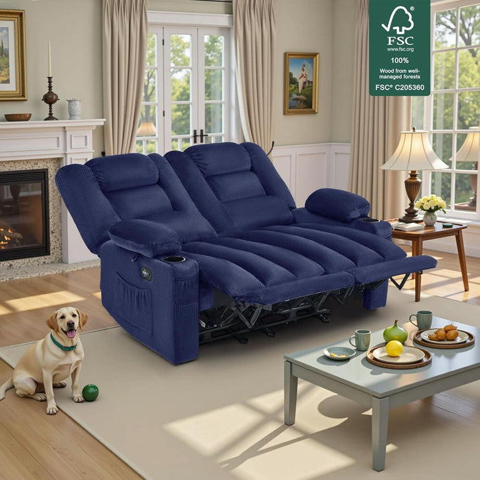55.9" Zero Gravity Power Loveseat Recliner with Heat and Vibration Massage, Reclining Loveseat Sofa with USB Ports, Cup Holders for Living Room, Fabric PR648SET (Navy Blue)