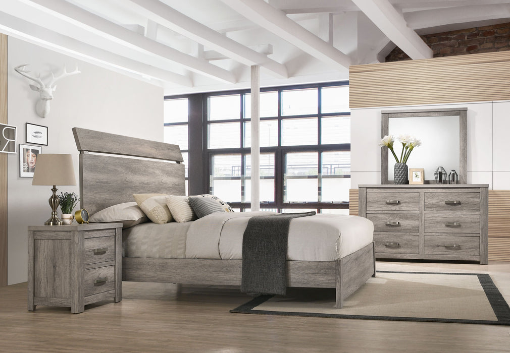 Floren Contemporary Weathered Gray Wood Bedroom Set, Queen Panel Bed, Dresser, Mirror, Two Nightstands, Chest