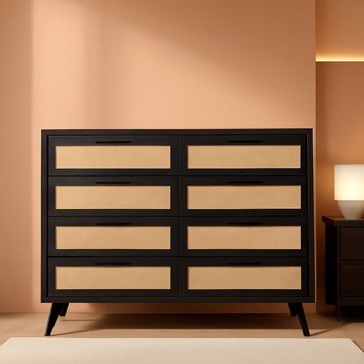 6 Drawer Double Dresser for Bedroom, Rattan Chest of Dressers, Modern Wooden Dresser Chest with Golden Handles, beside Table for Closet, Living Room and Entryway, Black and Natural