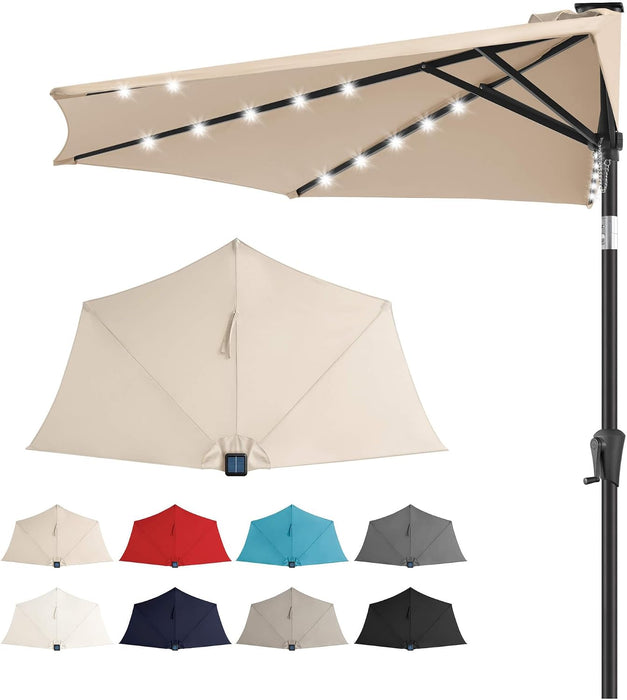 9 Ft Half Patio Umbrella Solar with Push Button Tilt, Beige