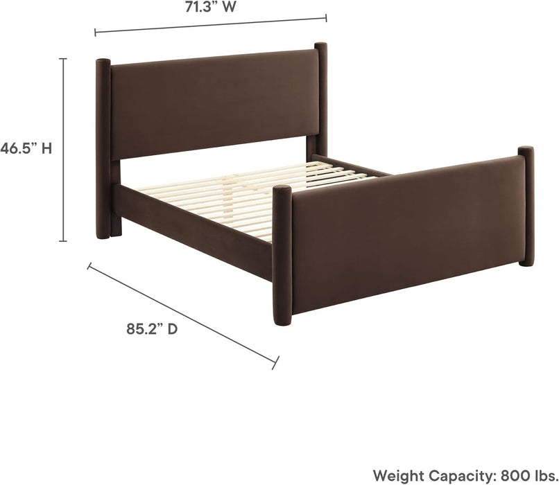 Rael Queen Platform Bed Frame with Upholstered Headboard and Footboard in Chocolate Brown – Stain-Resistant Performance Velvet Queen Size Bed with Rounded Posts
