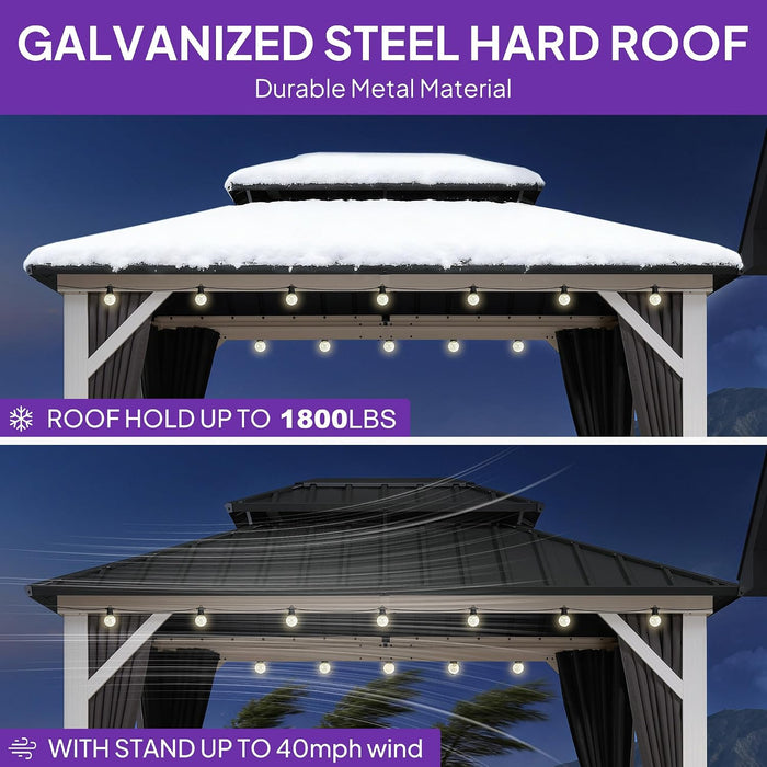 8' X 10' Outdoor Gazebo Galvanized Steel Double Roof White Aluminum Frame Hardtop Heavy Duty Gazebo with Curtain and Netting for Patio Garden and Backyard, Grey