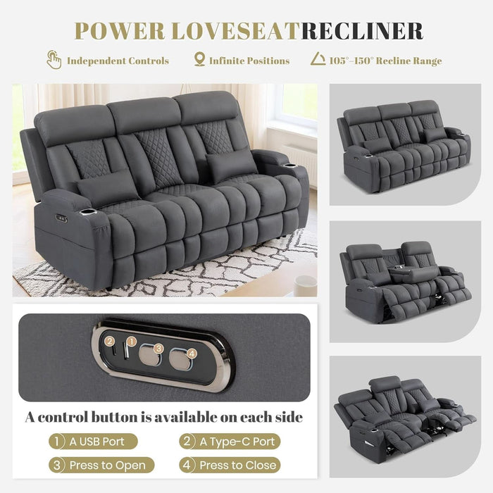 Wall Hugger Power Reclining Sofa with Manual Adjustable Headrest, 80" 3-Seater Couch with Flip-Down Table, Integrated Charging, USB & Type-C Ports, Cup Holders for Living Room, Home Theater, RV (Gray)