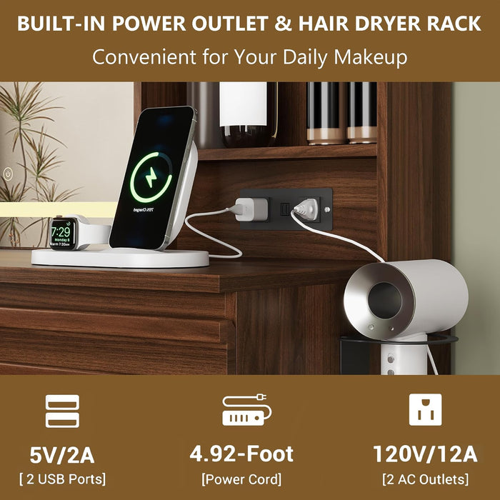 Walnut Multifunctional Vanity Desk With LED Illumination