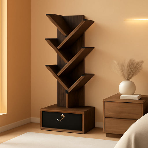 Tree Bookshelf 7-Tier Floor Standing Tree Bookcase with Bin Drawer, Amber Pine/Black