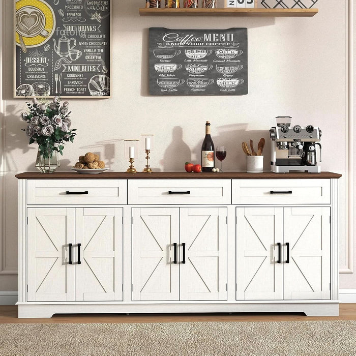 70" Farmhouse Buffet Cabinet with Storage 3 Drawers & 6 Barn Doors