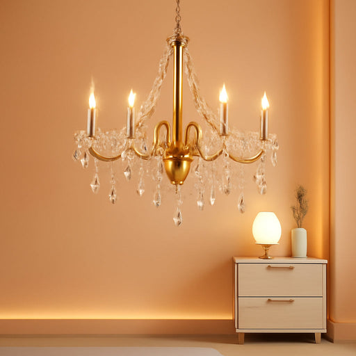 Gold Crystal Chandelier, 6-Light Candle Style French Chandelier with Clear Crystal, 25" Vintage Modern Farmhouse Dining Room Chandelier Light Fixture for Living Room Bedroom Kitchen Foyer Stairway