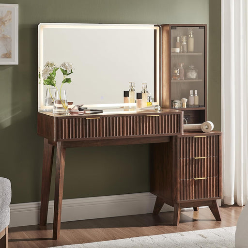48" Fluted Makeup Vanity Desk with Large 36" Mirror and Lights, Modern Glass Top Big Vanity Table W/5 Drawers & Adjustable Shelves, Dressing Table W/Charging Station for Bedroom, Dark Walnut